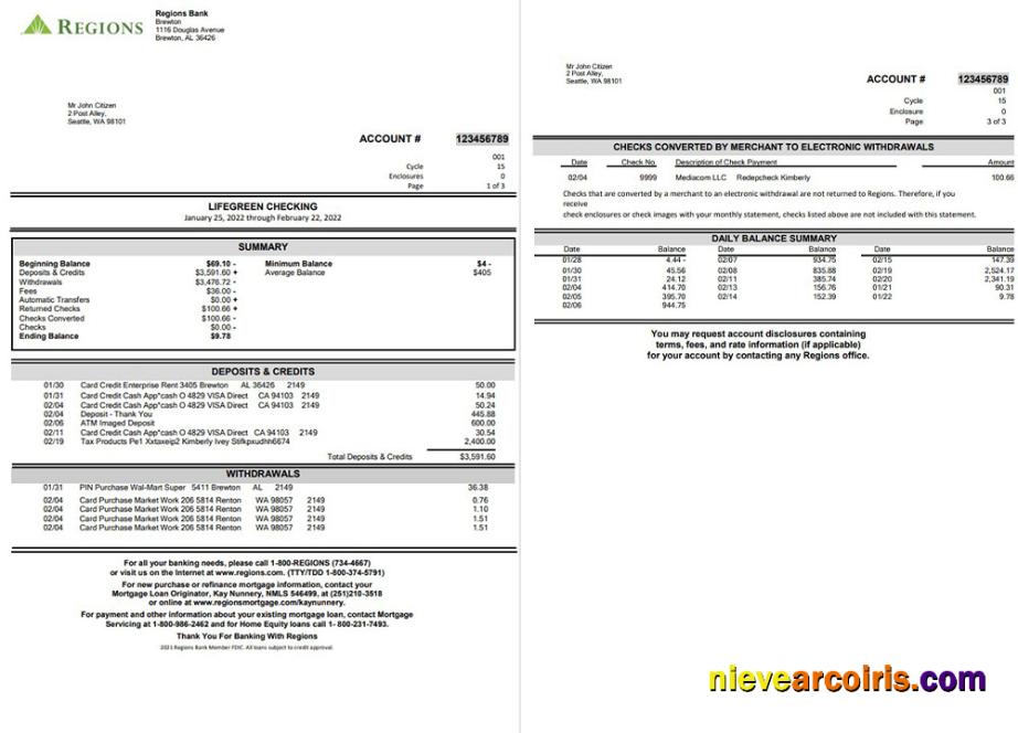 Regions Bank Statement 3 page